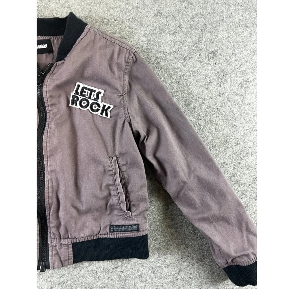 Hudson Kids Gray Rock and Roll Patch Bomber Jacket Size 5 Full Zip Cotton Coat